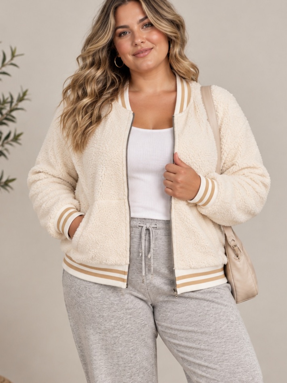 Torrid Sherpa Casual Cozy CabinCore Cream Fuzzy Zip Up Hoodie Size L